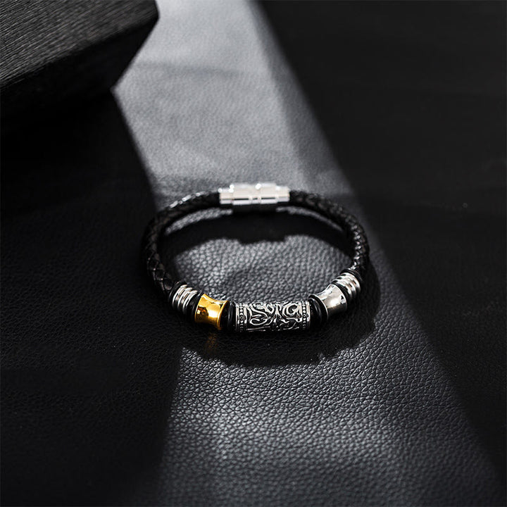Buddha Stones Tang Dynasty Flower Design Luck Stainless Steel Buckle Leather Bracelet - image 4
