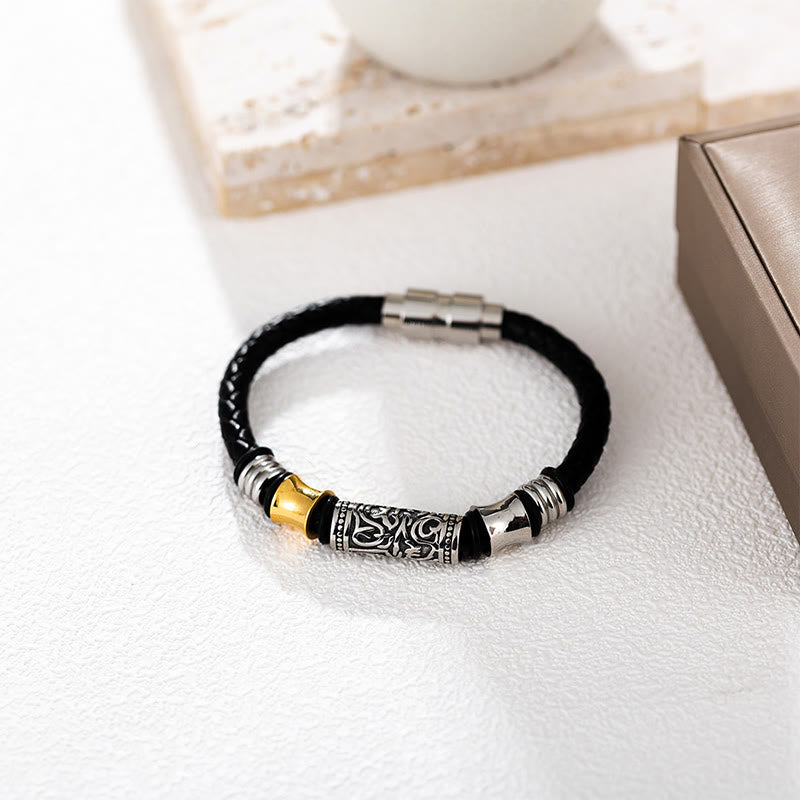 Buddha Stones Tang Dynasty Flower Design Luck Stainless Steel Buckle Leather Bracelet - image 2