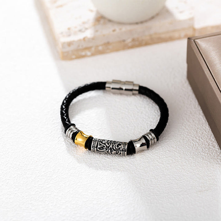 Buddha Stones Tang Dynasty Flower Design Luck Stainless Steel Buckle Leather Bracelet - image 2