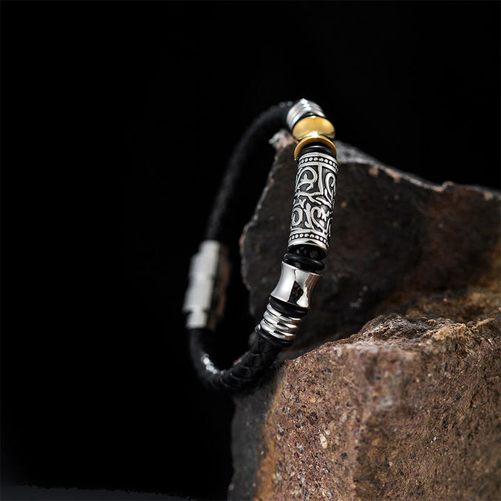 Buddha Stones Tang Dynasty Flower Design Luck Stainless Steel Buckle Leather Bracelet - image 3