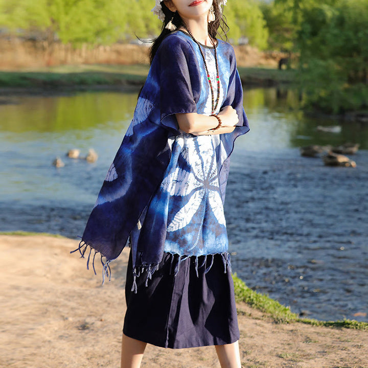 Buddha Stones Blue Batik Shawl Tassels Maple Leaf Cozy Travel Pullover 95*90cm - image 6