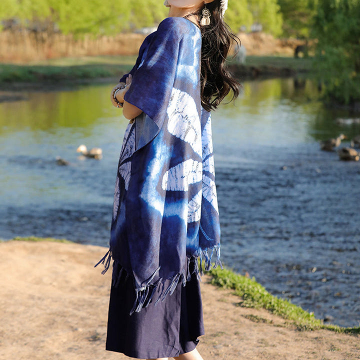 Buddha Stones Blue Batik Shawl Tassels Maple Leaf Cozy Travel Pullover 95*90cm - image 4