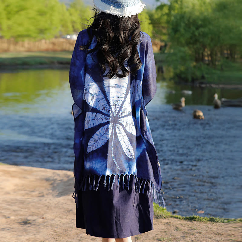 Buddha Stones Blue Batik Shawl Tassels Maple Leaf Cozy Travel Pullover 95*90cm - image 3