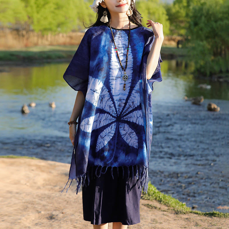 Buddha Stones Blue Batik Shawl Tassels Maple Leaf Cozy Travel Pullover 95*90cm - image 2