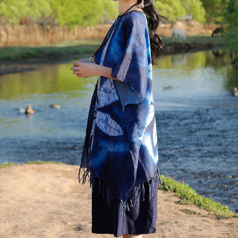 Buddha Stones Blue Batik Shawl Tassels Maple Leaf Cozy Travel Pullover 95*90cm - image 5