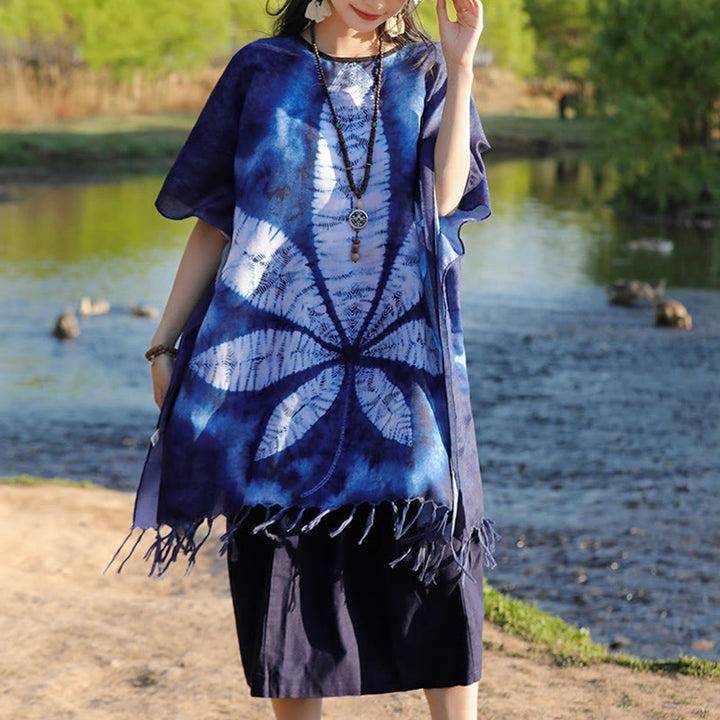 Buddha Stones Blue Batik Shawl Tassels Maple Leaf Cozy Travel Pullover 95*90cm - image 8