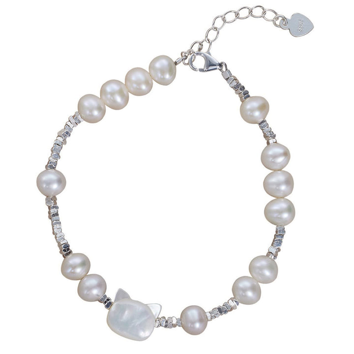 Buddha Stones Pearl Cat Head Tridacna Stone Silver Chain Healing Bracelet - image 4