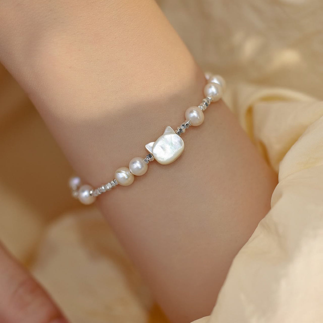 Buddha Stones Pearl Cat Head Tridacna Stone Silver Chain Healing Bracelet - Pearl(Wrist Circumference 14-16cm) - image 0