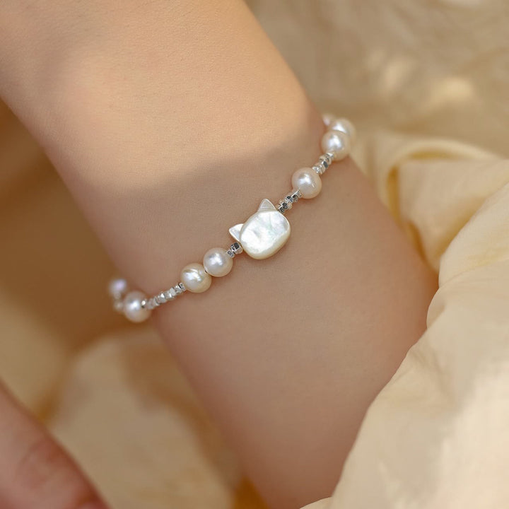 Buddha Stones Pearl Cat Head Tridacna Stone Silver Chain Healing Bracelet - Pearl(Wrist Circumference 14-16cm) - image 0