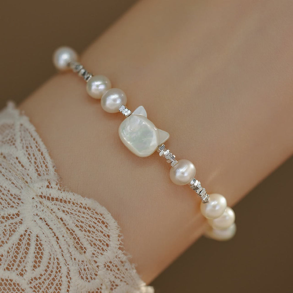 Buddha Stones Pearl Cat Head Tridacna Stone Silver Chain Healing Bracelet - image 1