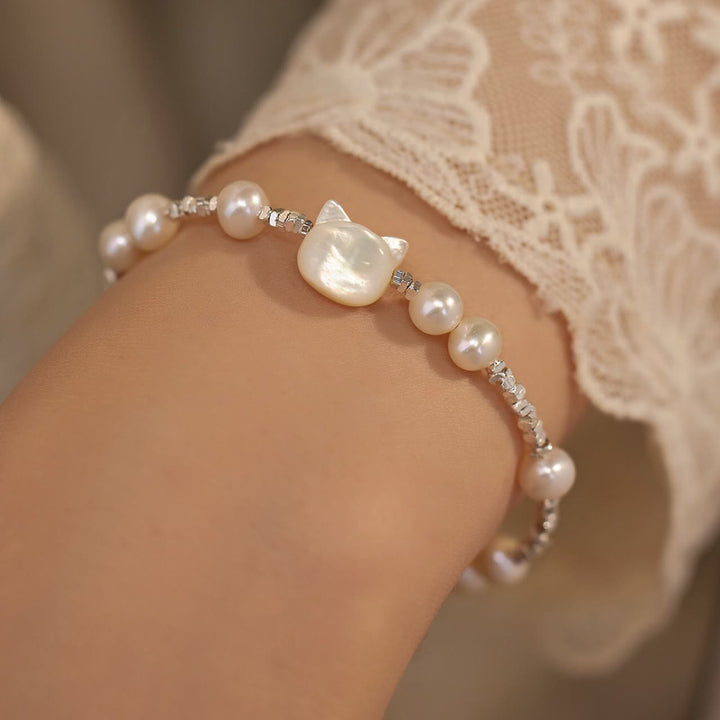 Buddha Stones Pearl Cat Head Tridacna Stone Silver Chain Healing Bracelet - image 2