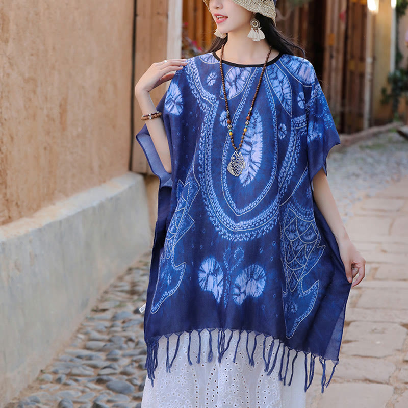 Buddha Stones Blue Geometry Batik Shawl Tassels Cozy Travel Pullover 90*95cm - image 2