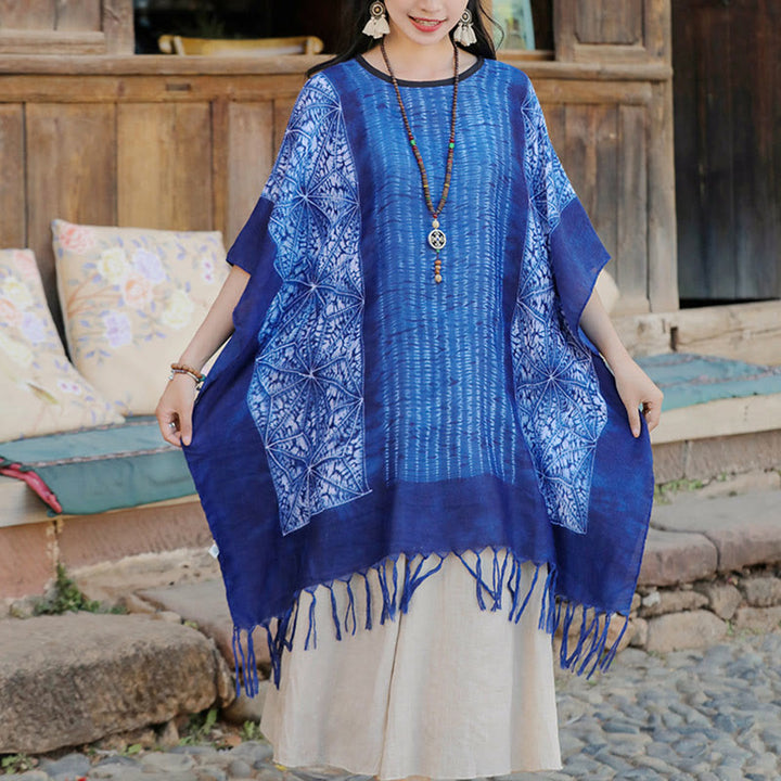Buddha Stones Blue Geometric Stripes Batik Shawl Tassels Cozy Travel Pullover 90*95cm - image 7