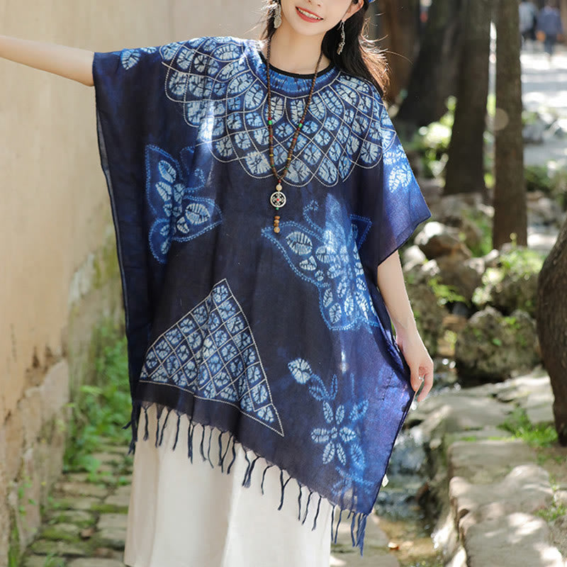 Buddha Stones Blue Butterfly Batik Shawl Tassels Cozy Travel Pullover 90*95cm - image 1