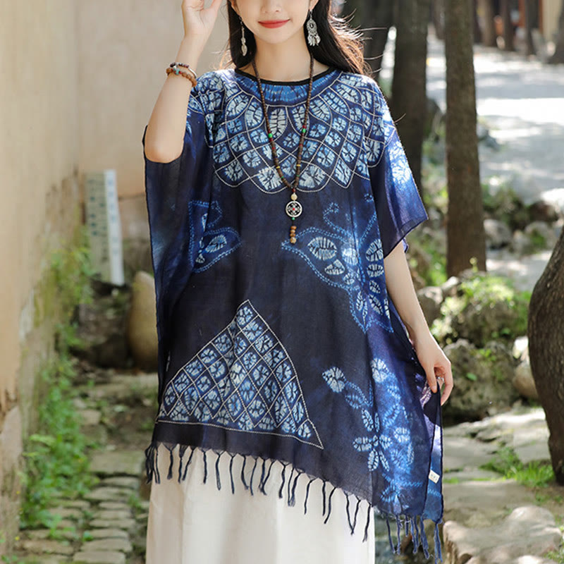 Buddha Stones Blue Butterfly Batik Shawl Tassels Cozy Travel Pullover 90*95cm - image 7