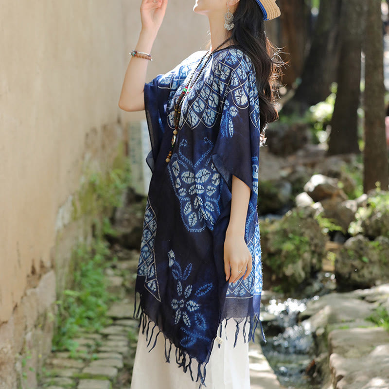 Buddha Stones Blue Butterfly Batik Shawl Tassels Cozy Travel Pullover 90*95cm - image 2