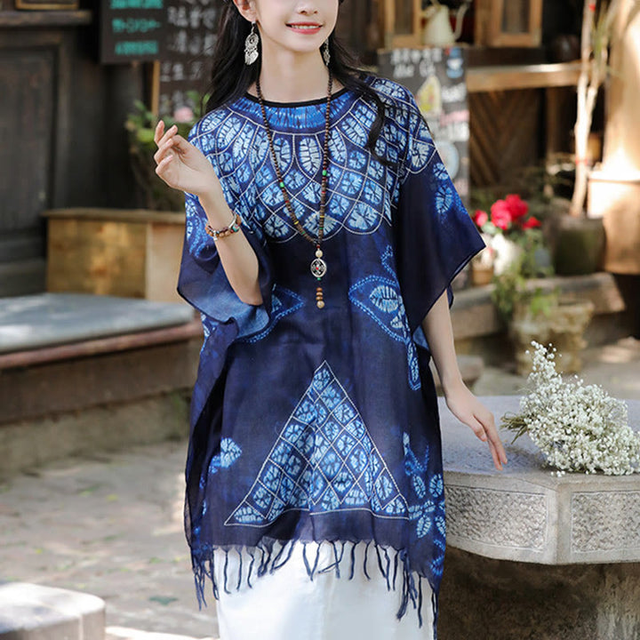 Buddha Stones Blue Butterfly Batik Shawl Tassels Cozy Travel Pullover 90*95cm - image 5