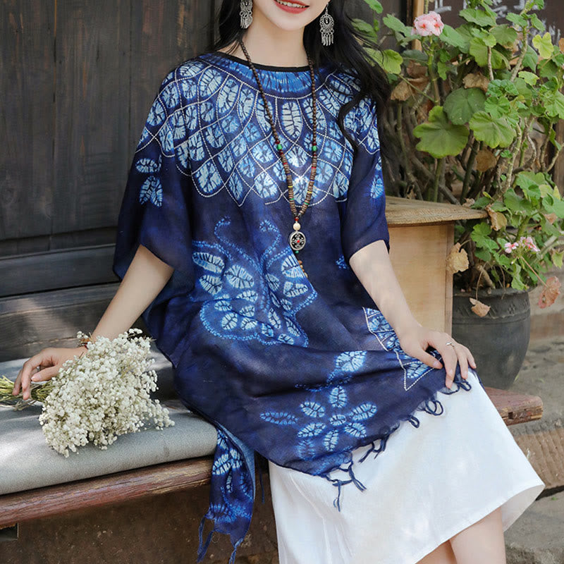 Buddha Stones Blue Butterfly Batik Shawl Tassels Cozy Travel Pullover 90*95cm - image 6