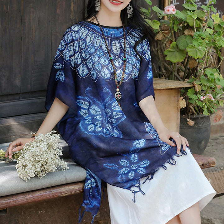 Buddha Stones Blue Butterfly Batik Shawl Tassels Cozy Travel Pullover 90*95cm - image 6