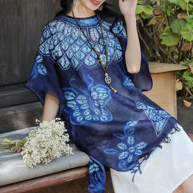 Buddha Stones Blue Butterfly Batik Shawl Tassels Cozy Travel Pullover 90*95cm - image 4