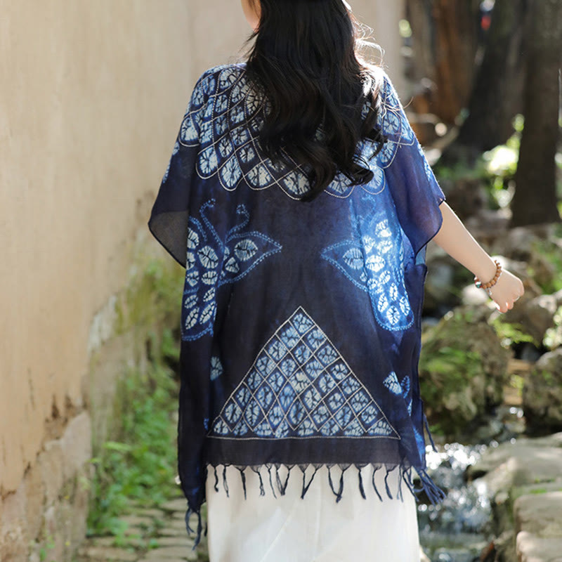 Buddha Stones Blue Butterfly Batik Shawl Tassels Cozy Travel Pullover 90*95cm - image 3