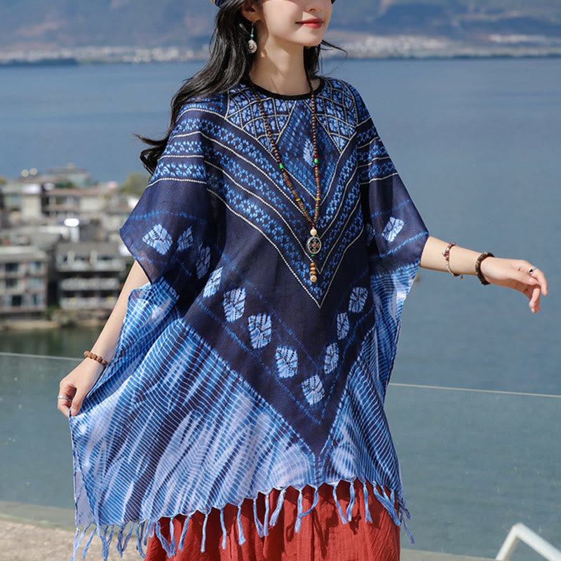 Buddha Stones Blue Triangle Stripes Batik Shawl Soft Pullover 90*95cm - image 1