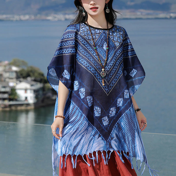 Buddha Stones Blue Triangle Stripes Batik Shawl Soft Pullover 90*95cm - image 8