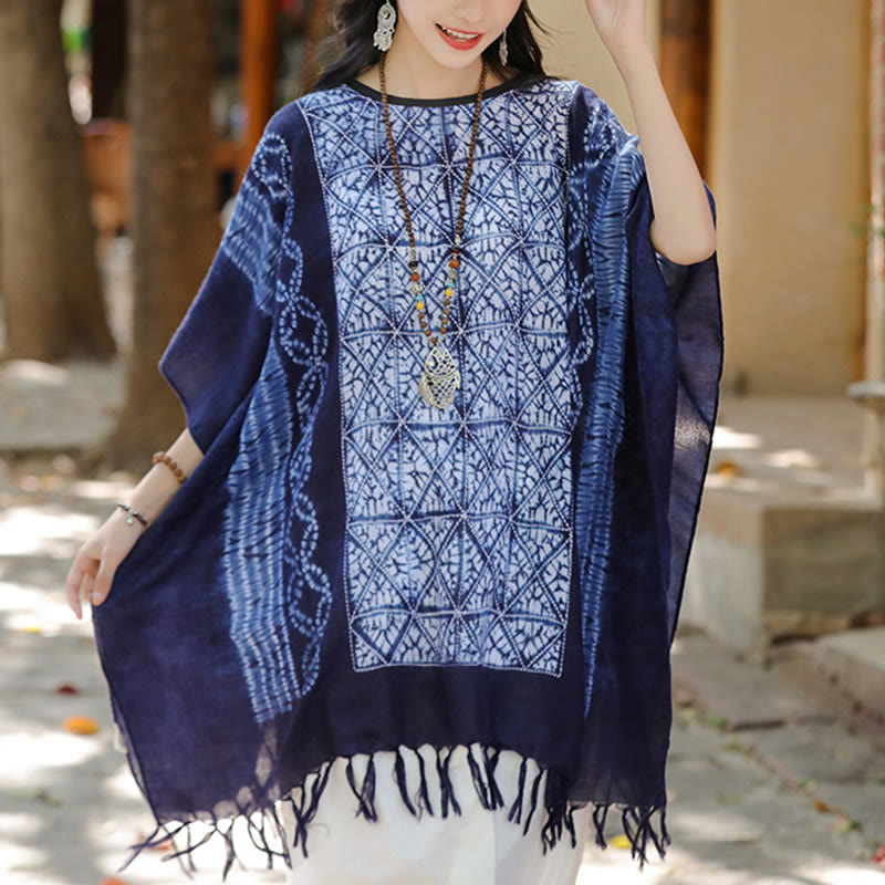 Buddha Stones Blue Stripe Geometry Indigo Dyeing Shawl Tassels Travel Pullover 90*95cm - Blue 90*95cm - image 0