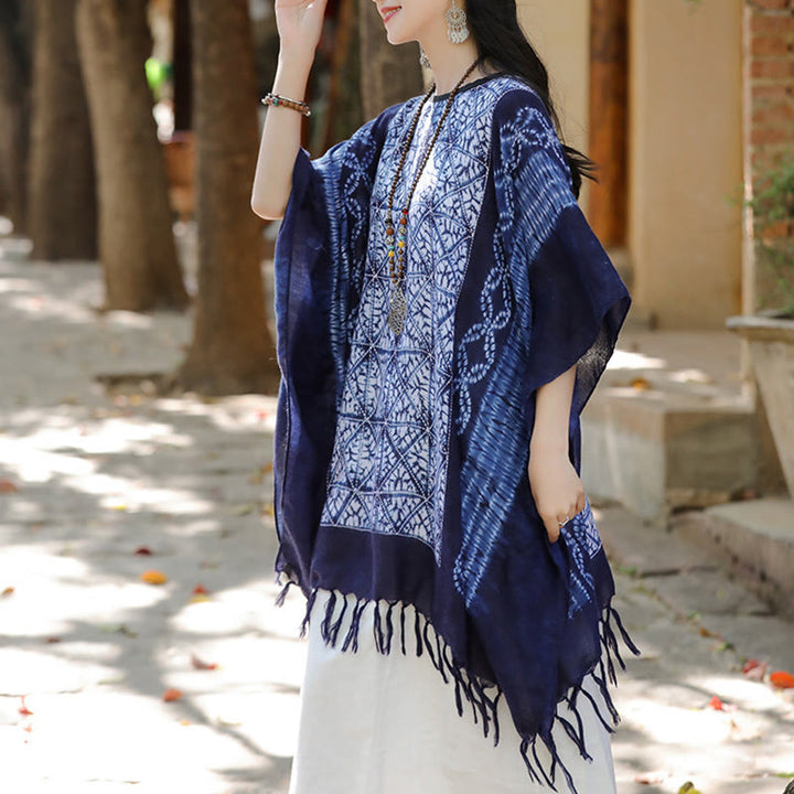 Buddha Stones Blue Stripe Geometry Indigo Dyeing Shawl Tassels Travel Pullover 90*95cm - image 3