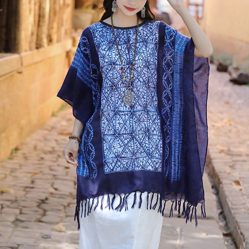 Buddha Stones Blue Stripe Geometry Indigo Dyeing Shawl Tassels Travel Pullover 90*95cm - image 5