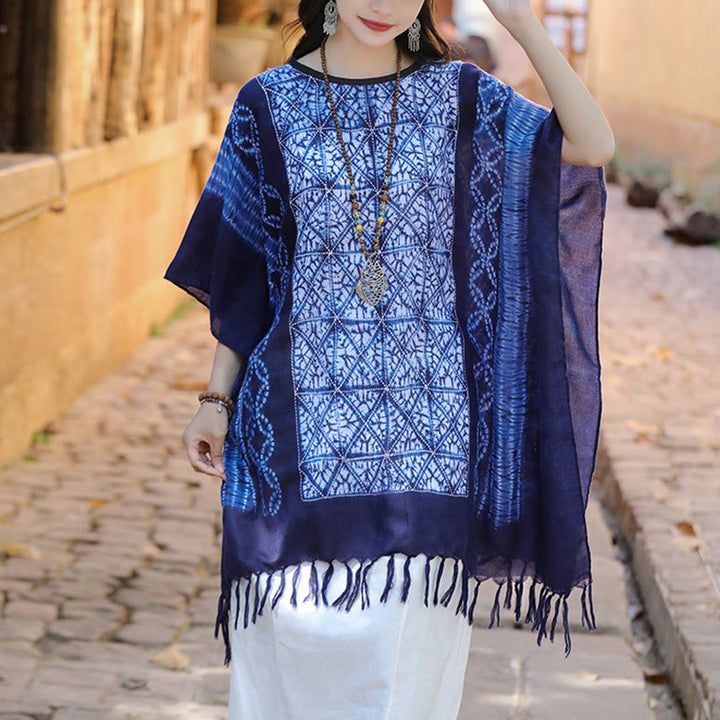 Buddha Stones Blue Stripe Geometry Indigo Dyeing Shawl Tassels Travel Pullover 90*95cm - image 5