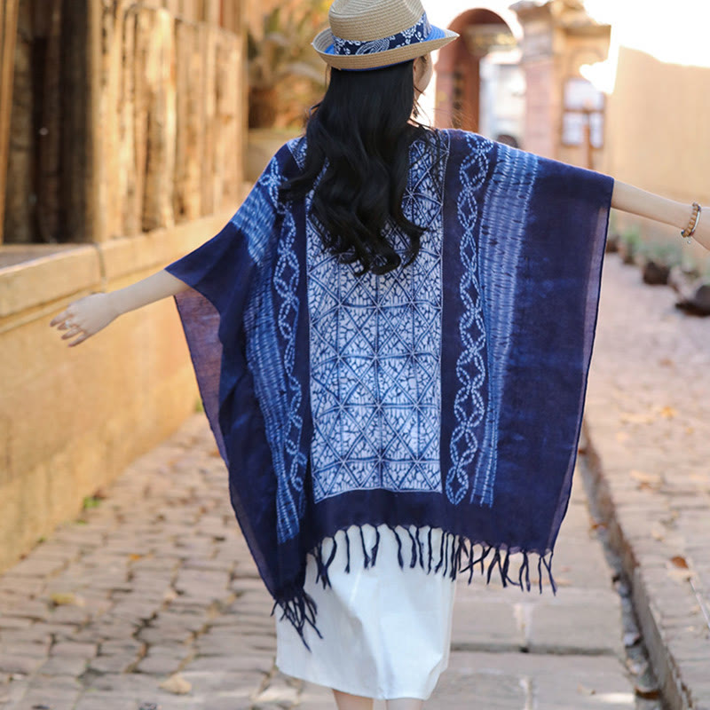 Buddha Stones Blue Stripe Geometry Indigo Dyeing Shawl Tassels Travel Pullover 90*95cm - image 1