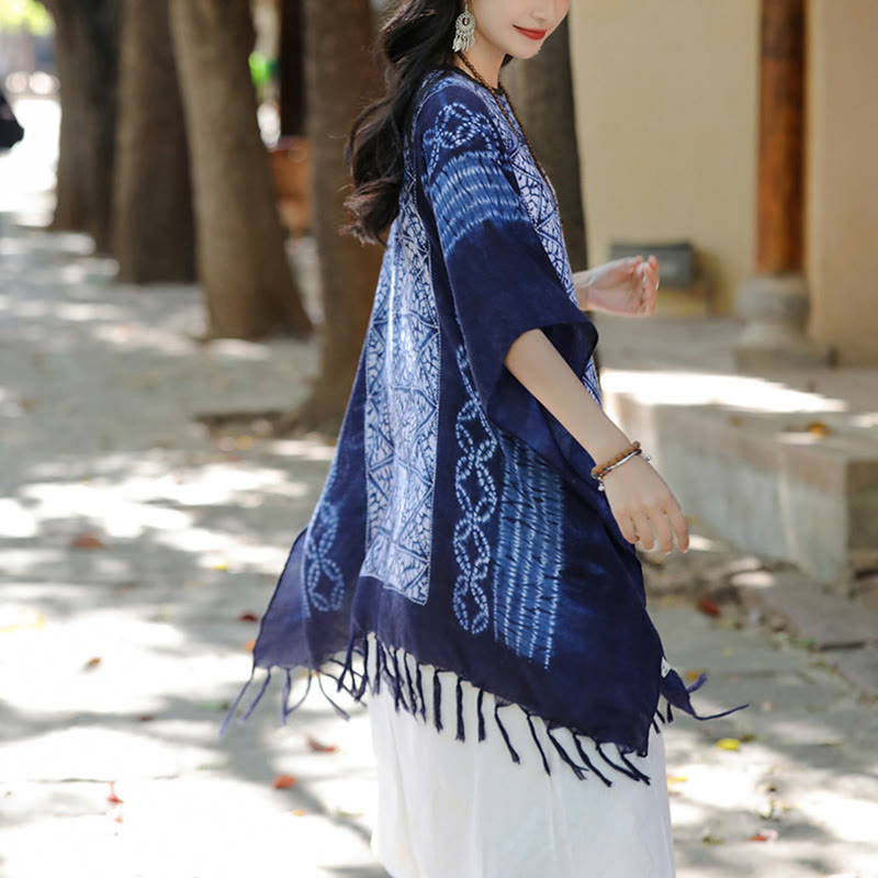 Buddha Stones Blue Stripe Geometry Indigo Dyeing Shawl Tassels Travel Pullover 90*95cm - image 2