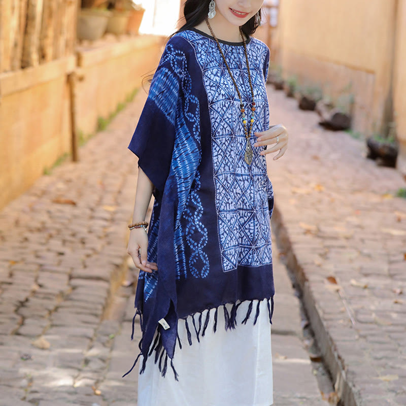 Buddha Stones Blue Stripe Geometry Indigo Dyeing Shawl Tassels Travel Pullover 90*95cm - image 4