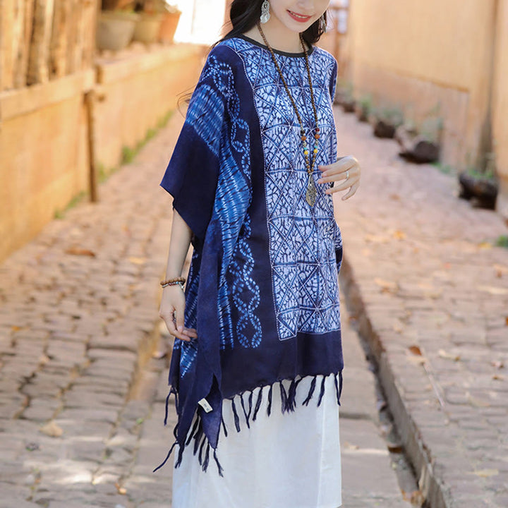 Buddha Stones Blue Stripe Geometry Indigo Dyeing Shawl Tassels Travel Pullover 90*95cm - image 4