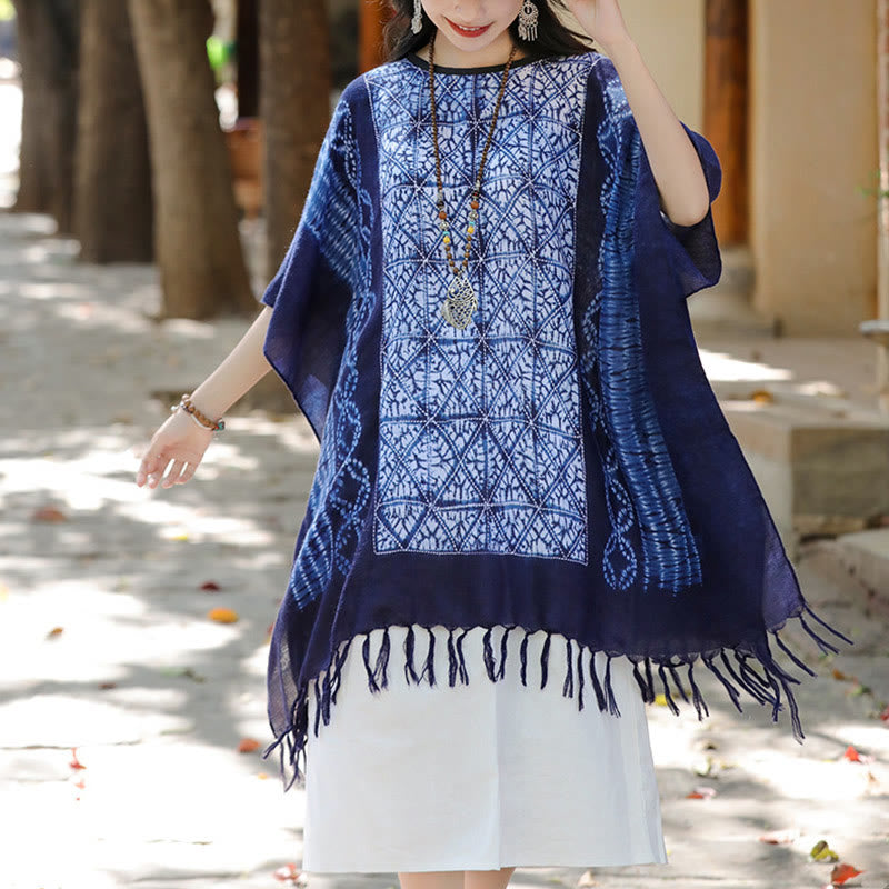 Buddha Stones Blue Stripe Geometry Indigo Dyeing Shawl Tassels Travel Pullover 90*95cm - image 6