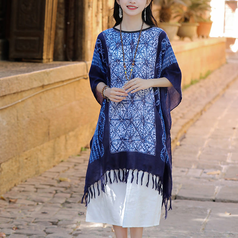 Buddha Stones Blue Stripe Geometry Indigo Dyeing Shawl Tassels Travel Pullover 90*95cm - image 7