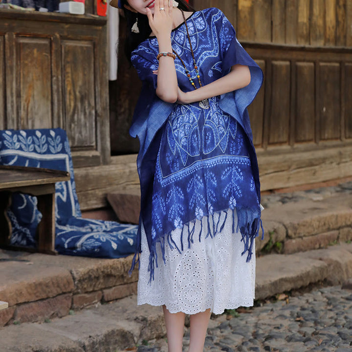 Buddha Stones Blue Tie Dye Koi Fish Shawl Tassels Soft Travel Pullover 90*95cm - image 6