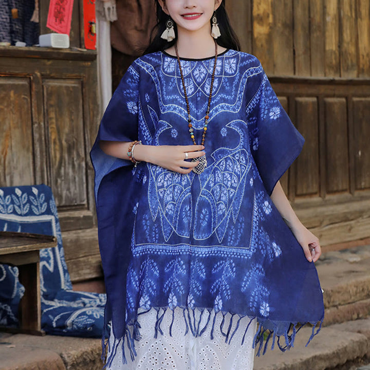 Buddha Stones Blue Tie Dye Koi Fish Shawl Tassels Soft Travel Pullover 90*95cm - image 7