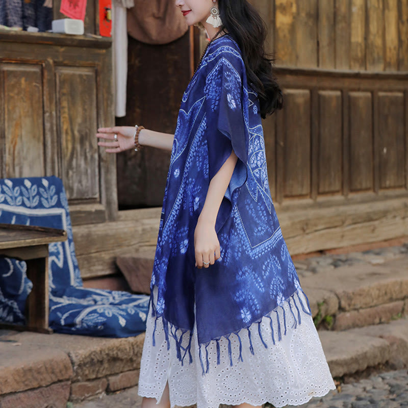 Buddha Stones Blue Tie Dye Koi Fish Shawl Tassels Soft Travel Pullover 90*95cm - image 4