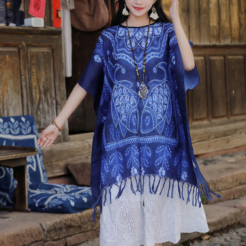 Buddha Stones Blue Tie Dye Koi Fish Shawl Tassels Soft Travel Pullover 90*95cm - image 3