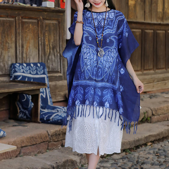 Buddha Stones Blue Tie Dye Koi Fish Shawl Tassels Soft Travel Pullover 90*95cm - image 5