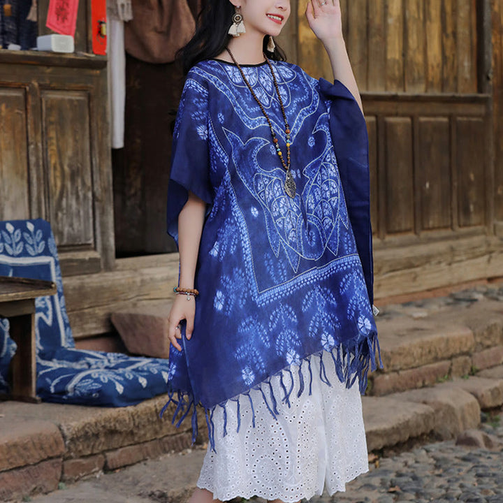 Buddha Stones Blue Tie Dye Koi Fish Shawl Tassels Soft Travel Pullover 90*95cm - image 2