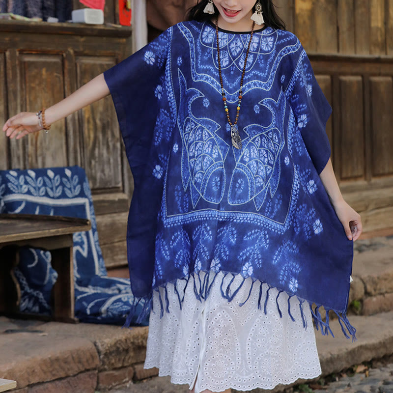 Buddha Stones Blue Tie Dye Koi Fish Shawl Tassels Soft Travel Pullover 90*95cm - image 1