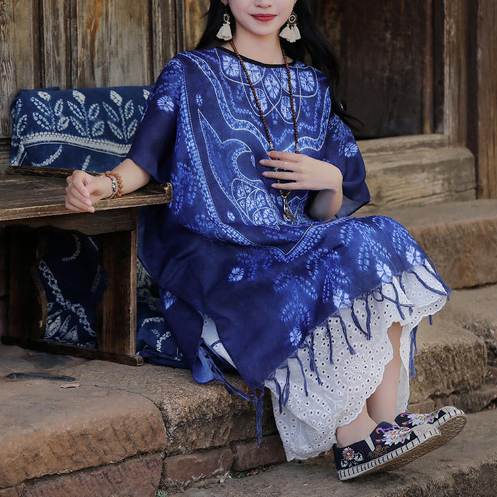 Buddha Stones Blue Tie Dye Koi Fish Shawl Tassels Soft Travel Pullover 90*95cm - image 8