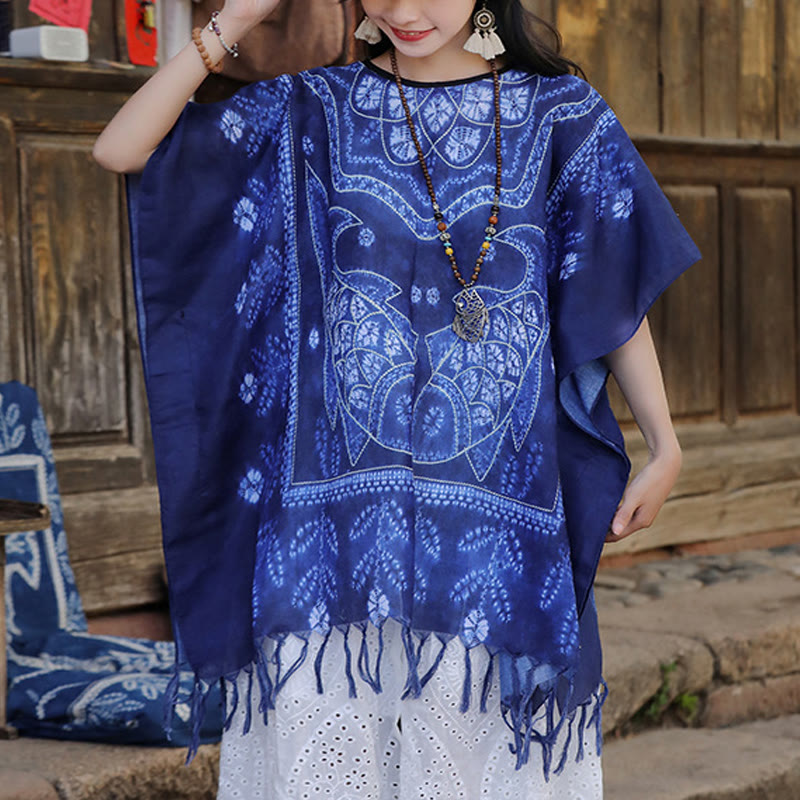 Buddha Stones Blue Tie Dye Koi Fish Shawl Tassels Soft Travel Pullover 90*95cm - Blue 90*95cm - image 0