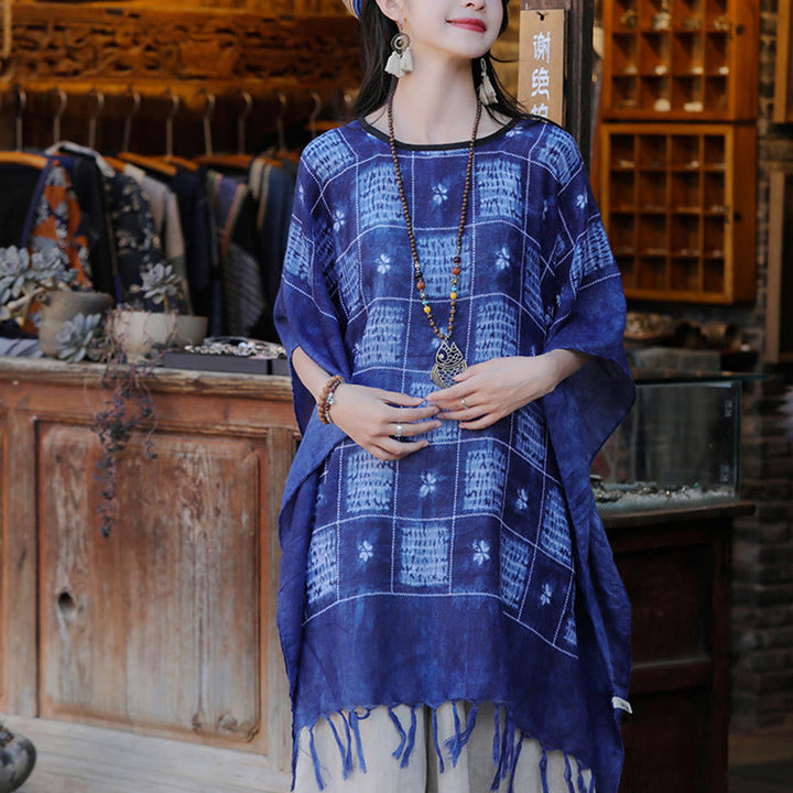 Buddha Stones Blue Color Block Plaid Shawl Tassels Soft Pullover 90*95cm - image 8