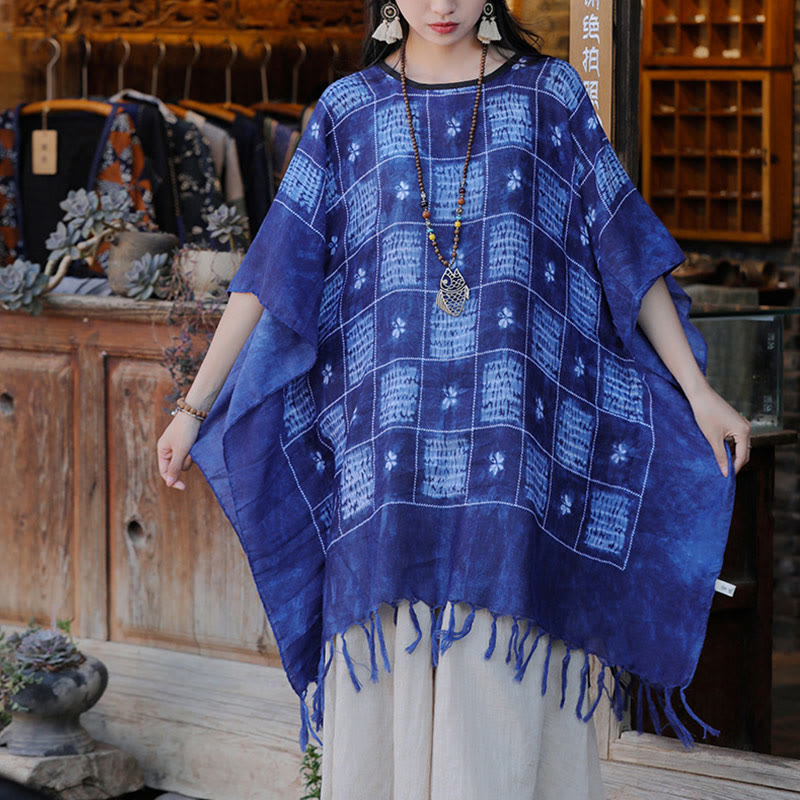 Buddha Stones Blue Color Block Plaid Shawl Tassels Soft Pullover 90*95cm - image 1