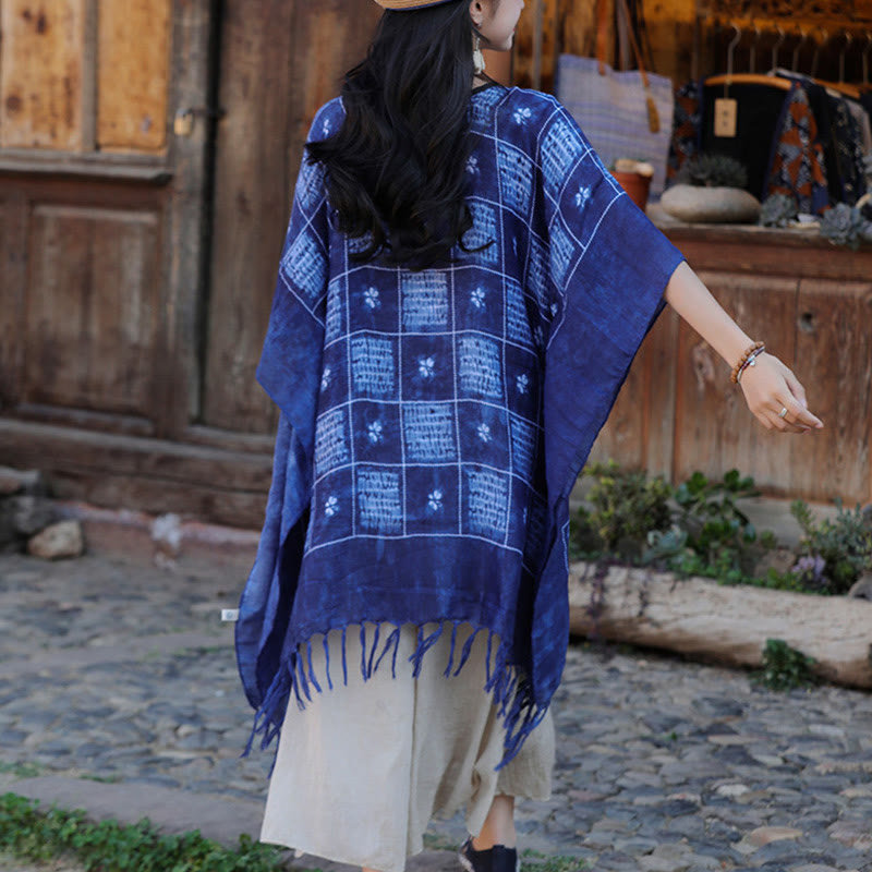 Buddha Stones Blue Color Block Plaid Shawl Tassels Soft Pullover 90*95cm - image 13
