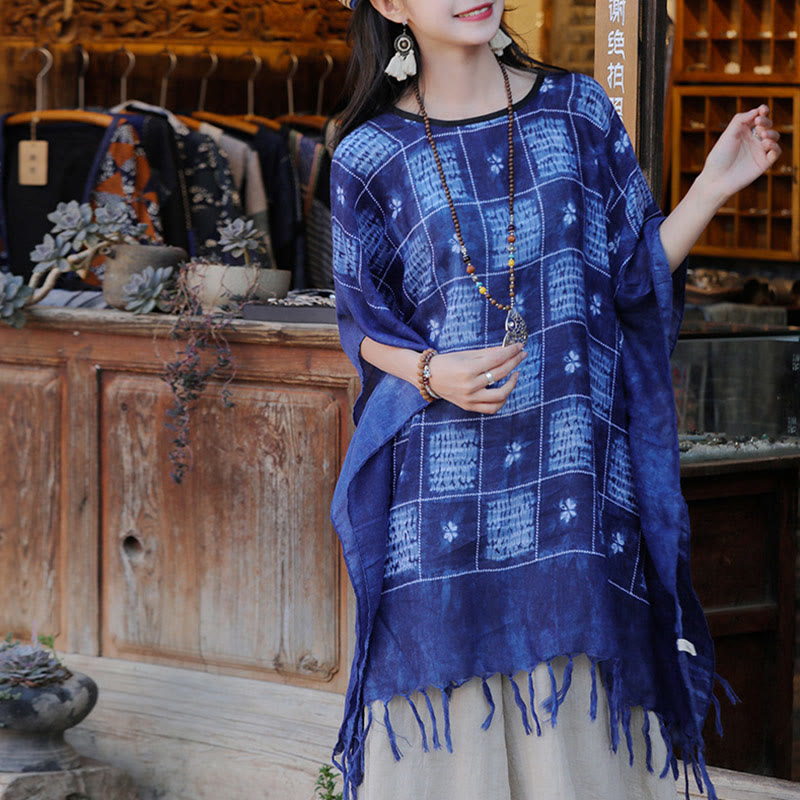 Buddha Stones Blue Color Block Plaid Shawl Tassels Soft Pullover 90*95cm - image 6